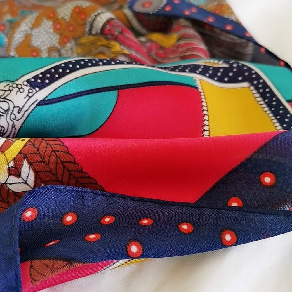 Silk Feeling Scarf Medium Square Satin Head 01 Dark Blue Edge - Picture 3 of 7